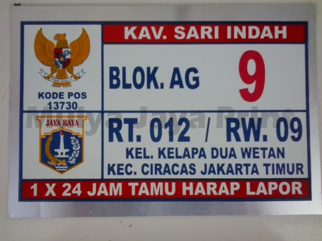Plat Nomor Rumah Kec. Ciracas Jakarta Timur  Mulya Jaya 