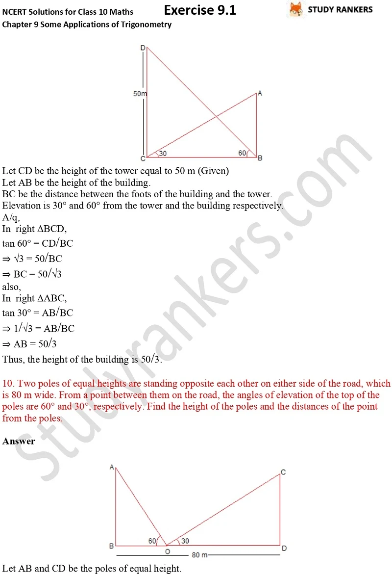 NCERT Solutions for Class 10 Maths Chapter 9 Some Applications of Trigonometry Exercise 9.1 Part 7