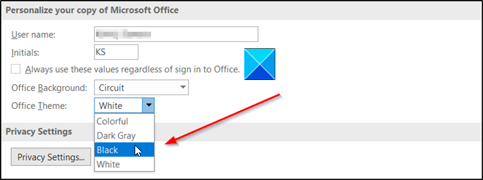 Włącz lub wyłącz tryb ciemny w programie OneNote lub Outlook