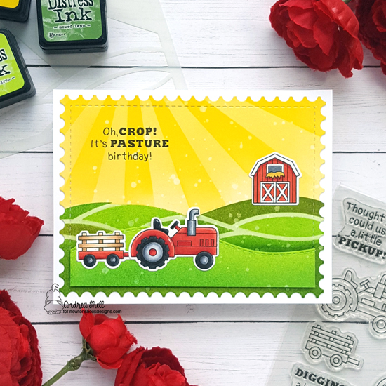 Tractor Card by Andrea Shell | Farming Fun Stamp Set, Framework Die Set, Sunscape Stencil and Moo Stamp Set by Newton's Nook Designs #newtonsnook