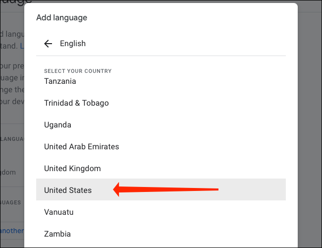 انقر فوق الولايات المتحدة لتحديد اللغة الإنجليزية (الولايات المتحدة) كلغة افتراضية لحساب Google الخاص بك