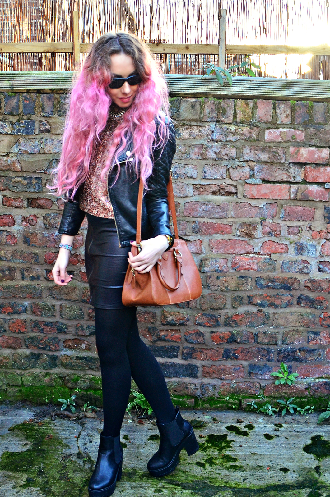 Sunglasses// Ray Bans via Sunglasses Shop* Jacquard top// Primark (similar) Skirt// Boohoo (similar) Bag// Nica Handbags* Chelsea Boots// Koko Couture* Necklace// Oceanic* Watch// Storm*