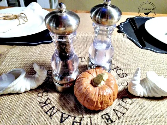 Thankful table runner, salt and pepper and a pumpkin