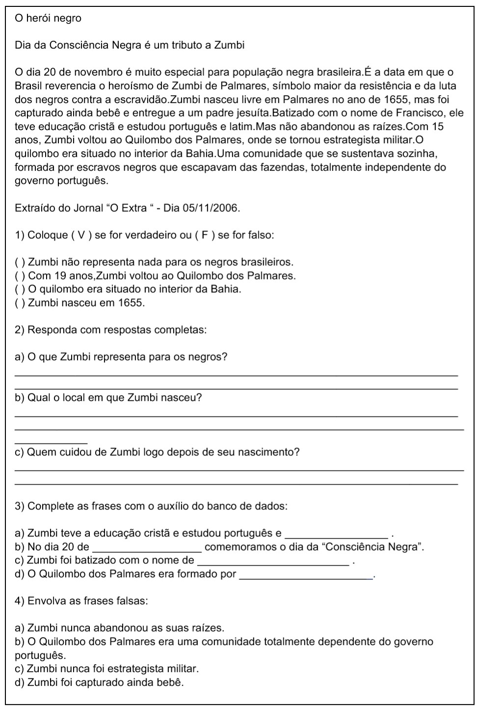 Zumbi dos Palmares leitura e interpretação Atividade de leitura e interpretação de texto sobre Zumbi dos Palmares leitura e interpretação Atividade de leitura e interpretação de texto sobre