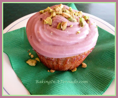 Pistachio Blueberry Cupcakes with Blueberry Cream Cheese Frosting | recipe developed by www.BakingInATornado.com | #recipe #dessert