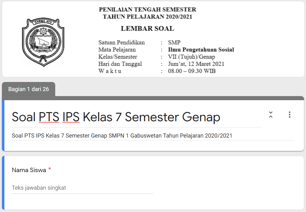 Soal PTS Online IPS SMP Kelas 7 Semester Genap Kurikulum