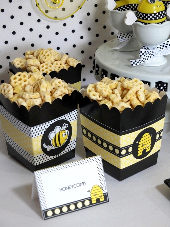 Honey Bee Birthday Party Desserts Table - via BirdsParty.com