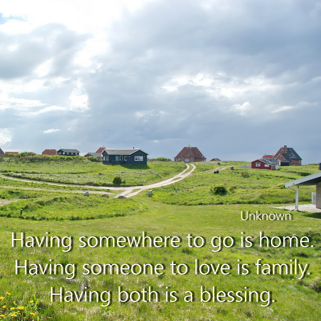 Having somewhere to go is home. Having someone to love is family. Having both is a blessing. - Unknown