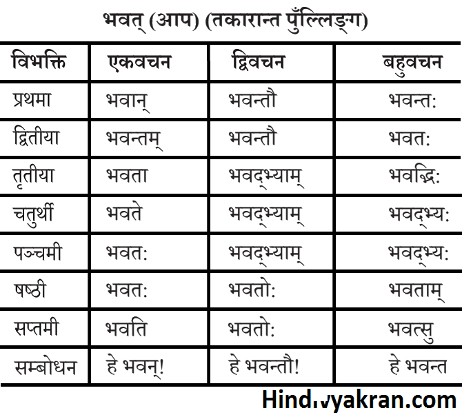 भवत् शब्द रूप पुल्लिंग संस्कृत में – Bhavat Shabd Roop Pulling In Sanskrit