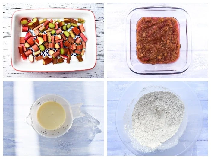 Rhubarb & Custard Pudding - Step 1 - rhubarb cooked, milk measured and flour in bowl