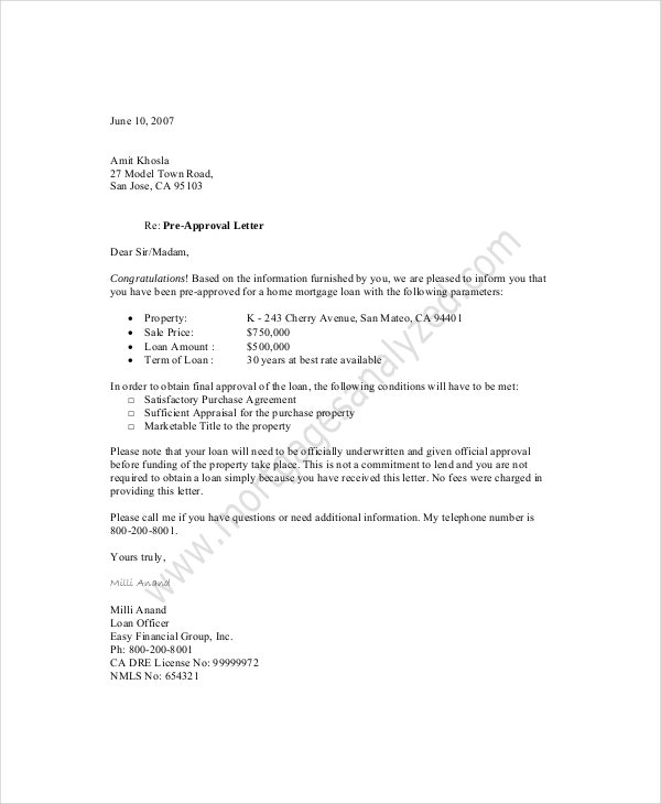 Mortgage Pre Approval Letter Template | Resignation Letter