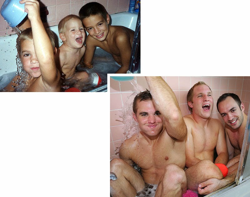 Watch Brothers Recreate their Childhood Photos as Christmas gift for Mom via geniushowto.blogspot.com Fitting together into bathtub with childhood toys and memories