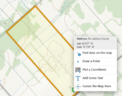 Screen capture of the search result returned by "Search by Twp/Lot/Concession" from the Ontario "Make a Topographic Map" site for Drummond Township, Concession 2, Lot 12 with the action box displayed.
