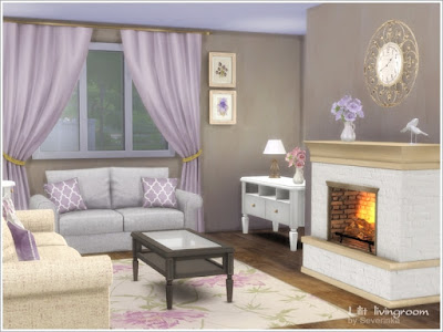 Lilit livingroom Гостиная "Лилит " для The Sims 4 Набор мебели и декора для гостиной в классическом стиле. 4 разных цвета дерева, ткани в мягких сиреневых и бежевых тонах. В набор входят 15 предметов: - 3-х местный диван (5 цветов) - 2-х местный диван (5 цветов) - Комод (4 цвета) - Стол кофейный (4 цвета) - Круглый столик (4 цвета) - Камин (3 цвета) - Настольная лампа (4 цвета) - Резные настенные часы (2 цвета) - настенное зеркало Cardev (2 цвета) - Двойные подушки для диванов (3 цвета) - Подушка (6 цветов) - пионы в вазе (3 цвета) - Коврик (6 цветов) - Картины (от 2 до 6 вариантов цвета) Автор: Severinka_