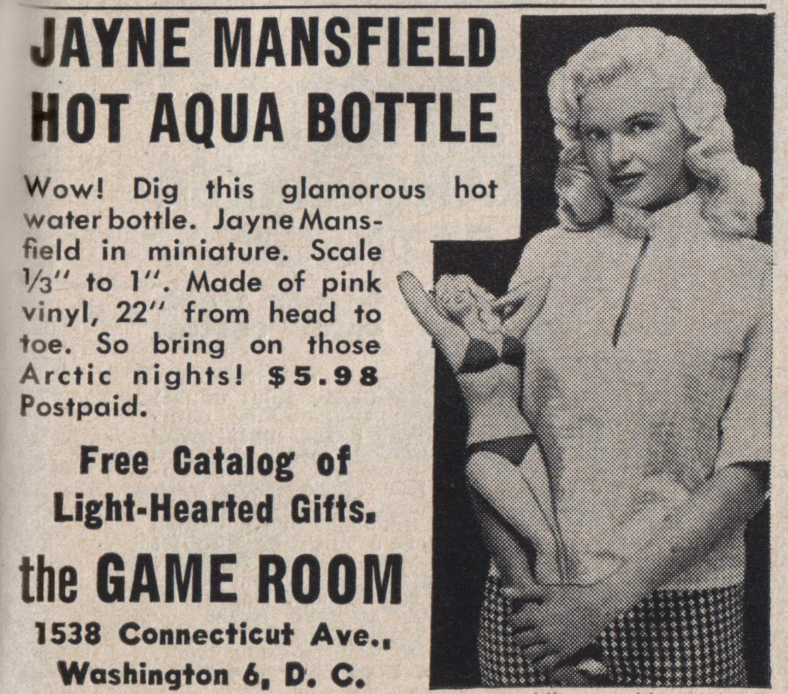 An ad for the Jayne Mansfield Hot Water Bottle on the newspapers in 1957. 