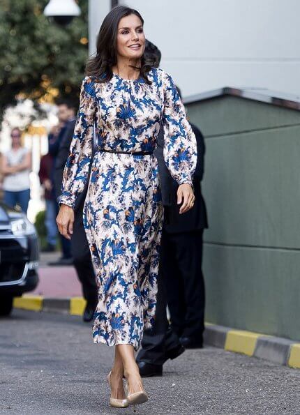 Queen Letizia wore Sandro all-over print long silk dress. Queen Letizia wore Carolina Herrera nude patent leather slingback pumps