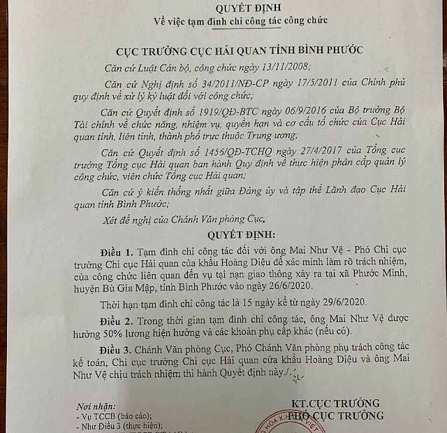 Tạm đình chỉ công tác Phó Chi cục trưởng Hải quan Bình Phước Tam dinh chi cong tac Pho chi cuc truong Hai quan Binh Phuoc