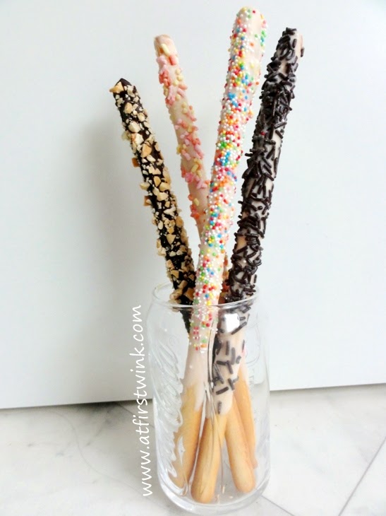 DIY making chocolate covered bread sticks