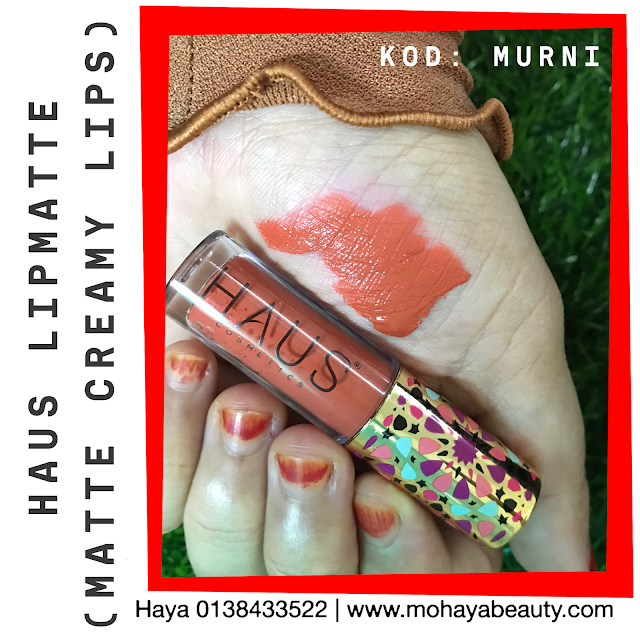 HAUS COSMETICS LIPMATTE (MATTE CREAMY LIPS) Aduhhh mata tak boleh move on terjumpa kaler kaler lipmatte yang menawan hati. Kaler cantik! Tekstur moist! Tak gelapkan bibir! Penyelesaian masalah bibir uolss ✔️ Bibir hitam dan kusam??? ✔️ Bibir kering?? ✔️ Bila makan, lipmatte atas bibir hilang?? ✔️ Susah nak tanggal lipmatte? ✔️ Nak bibir lembab sentiasa? .. Confirm tak menyesal.. Matte Creamy Lips dengan menggunakan Anti-Crack Technology ✔️ Ada 12 Code Warna : 💋 Leen 💋 Farah 💋 Tini 💋 Naja 💋 Huda 💋 Shiela 💋 Muna 💋 Lina 💋 Haza 💋 Nadia 💋 Murni 💋 Yuma ✔️ Isi kandungan 1.5ml ✔️ Texture : Creamy dan finishing matte ✔️ Ciri-ciri : Tidak mengeringkan bibir, tahan lama dan pigmented (sekali sapu cukup untuk bibir atas dan bawah)