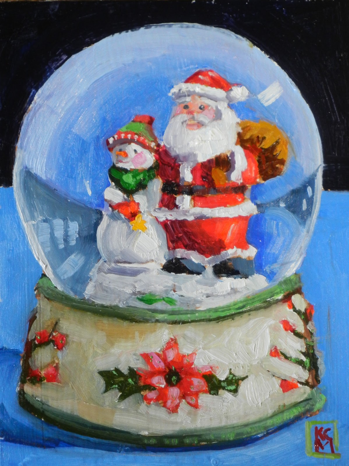Kelley MacDonald's Paintings: Snow Globe With Santa And Snowman, 6x8