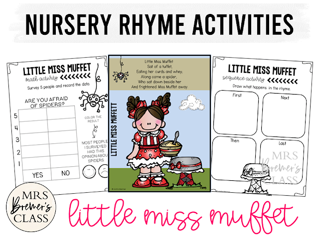 Little Miss Muffet activities unit with literacy and math Common Core aligned companion activities for Nursery Rhymes in Kindergarten