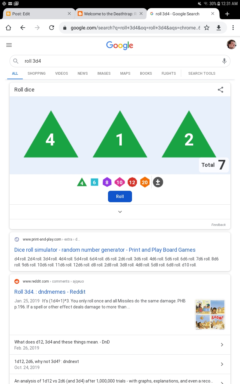 to the Deathtrap Resource Spotlight Google Dice Roller