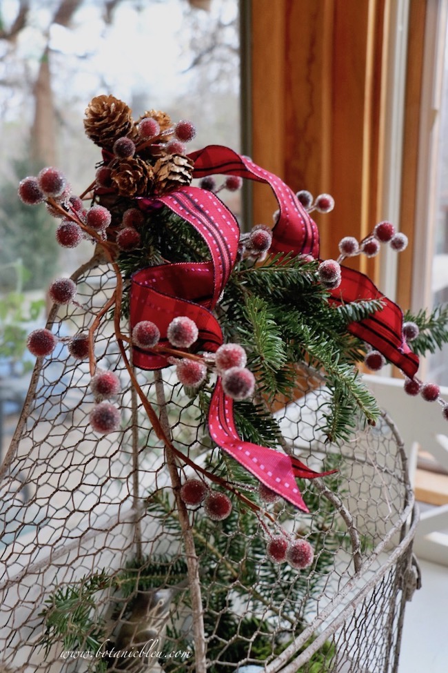 Christmas red plaid berry birdcage has cranberry colored frost berry stems 