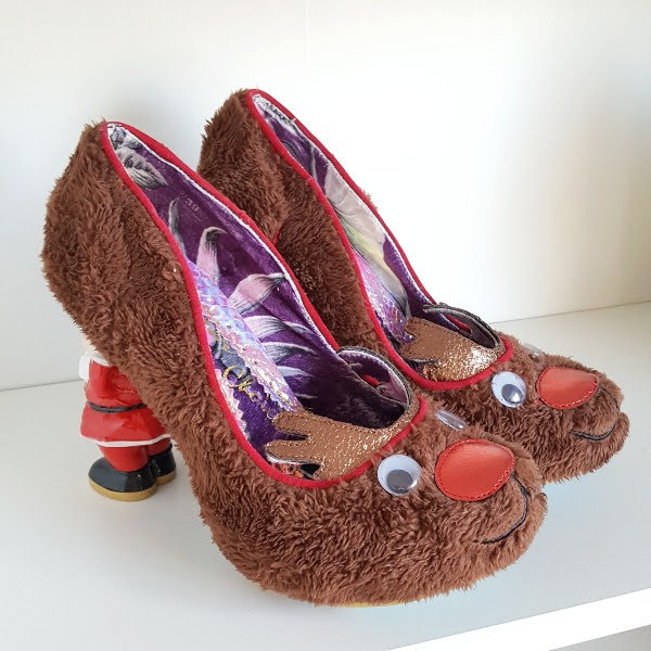 fluffy brown Rudolph reindeer court shoes with googly eyes and red metallic nose