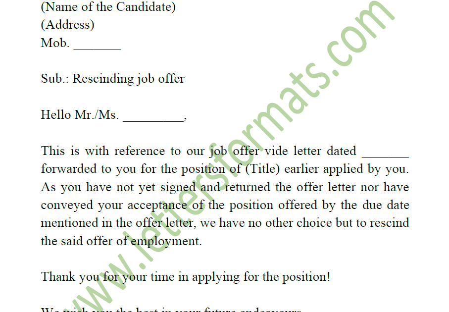 Rescinding Job Offer to Unresponsive Candidate Sample Letter