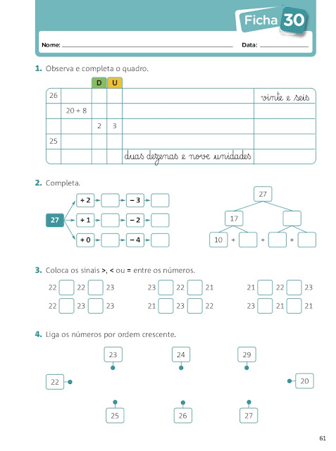 fichas de trabalho 1 ano matematica