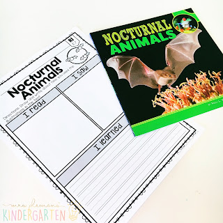 We love reading and learning about nocturnal animals in our kindergarten classroom, but planning meaningful comprehension activities can be a challenge. This Nocturnal Animals: Read & Respond pack made it super easy to teach 5 comprehension skills for 5 of our favorite picture books. Students especially love the themed crafts and writing prompts too!