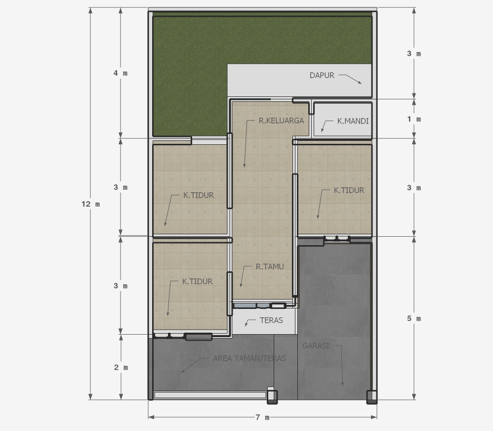 Denah Rumah Minimalis 3 Kamar 7x12 Taman Luas Desain Rumah Minimalis