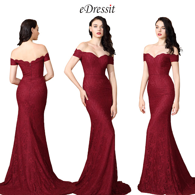 Off Shoulder Sexy Burgundy Lace Dress Ball Gown 