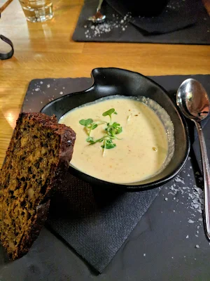 Mushroom soup served at Foija Restaurant and Wine Bar in Turku on a Finland road trip itinerary