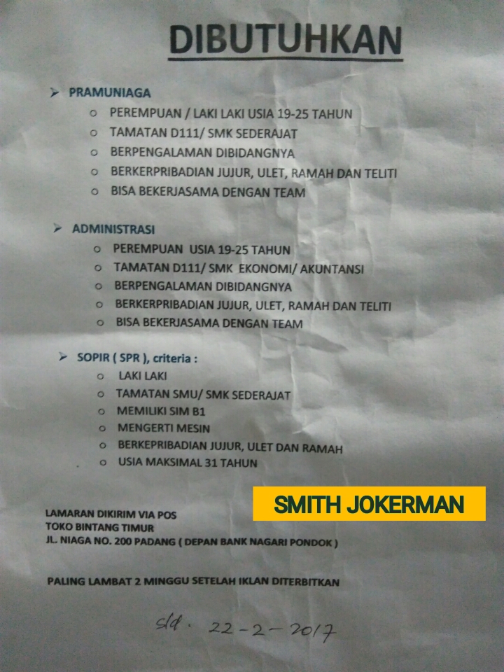 Lowongan Kerja Padang Toko Bintang Timur 3 Posisi Februari 2017 Sumbar Jobs Lowongan Kerja Sumatera Barat