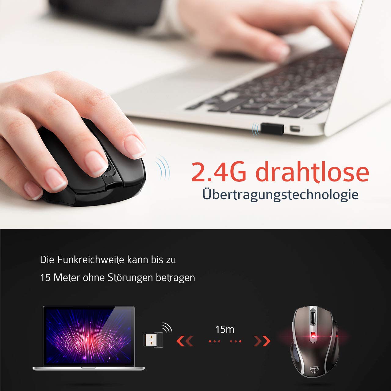 TOPELEK Kabellose Maus, Laptop Maus, 2.4G Wireless Mouse, Funkmaus with 2400 DPI 6 Tasten TOPELEK Kabellose Maus, Laptop Maus, 2.4G Wireless Mouse, Funkmaus with 2400 DPI 6 Tasten