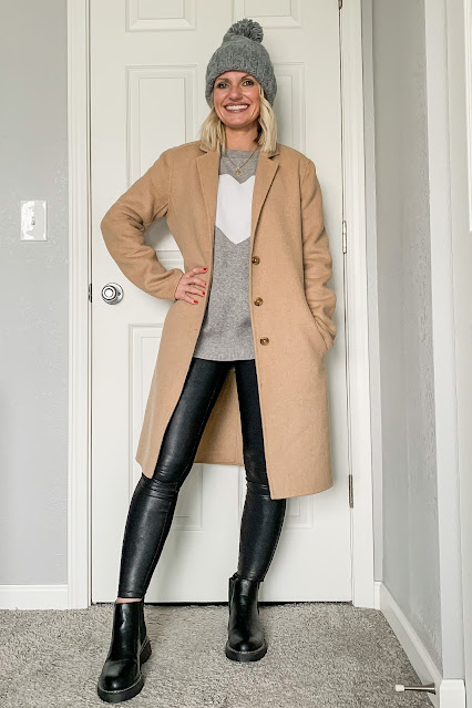 Chelsea boots with a long wool coat and leggings