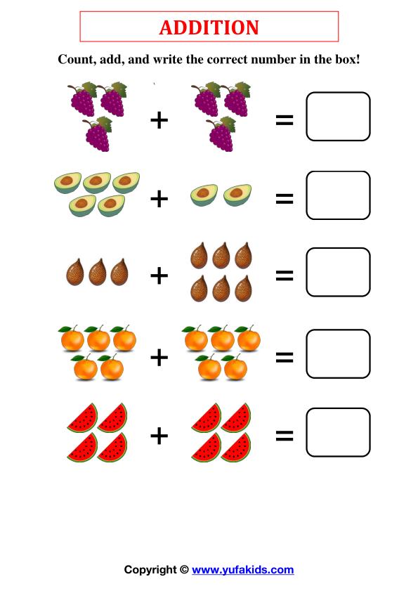Addition 1-10: Count, Add, and Write the correct number in the box (2