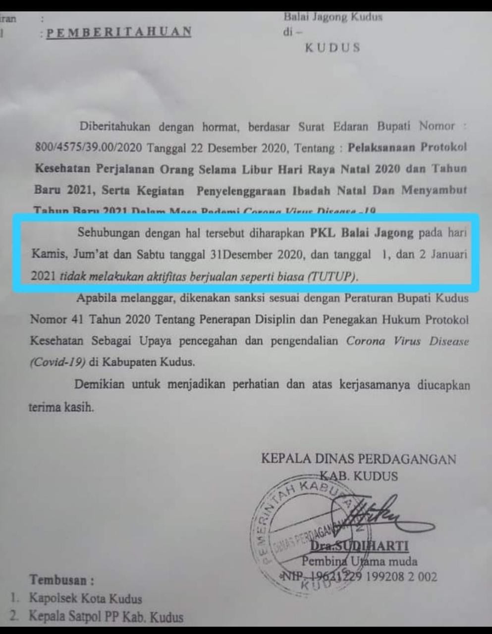 Kasus Covid-19 Tinggi, Balai Jagong Kudus Tutup Saat Perayaan Tahun Baru