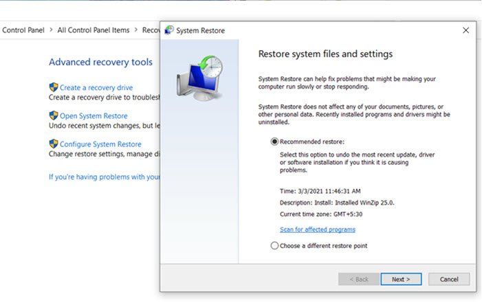 Restaurer Windows 10 avec la restauration du système