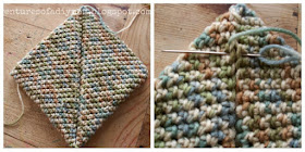 2 images of a crocheted pot holder in the final steps of being completed