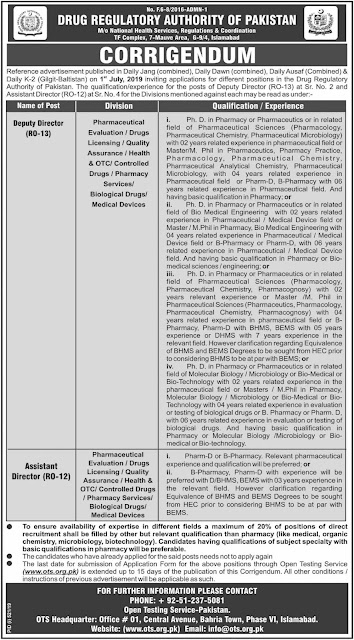 Drug Regulatory Authority of Pakistan DRAP Jobs 2019 Download OTS Application Form
