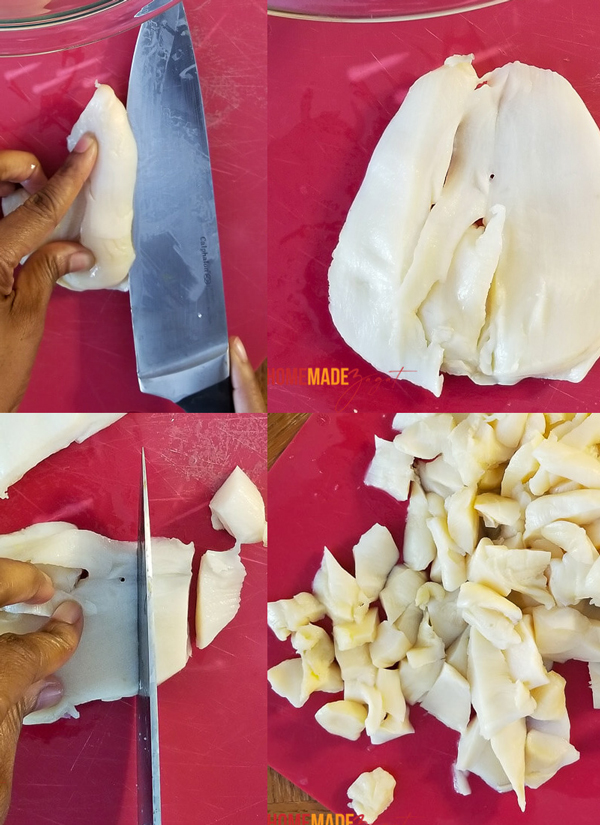 Step by step process of butterflying pieces of conch meat