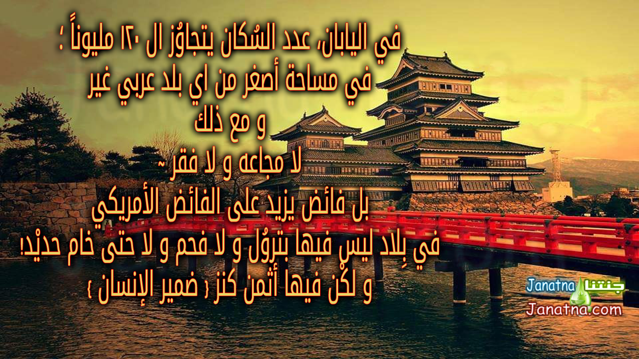 في اليابان، عدد السُكان يتجاوُز ال 120 مليوناً ؛ في مساحة أصغر من اي بلد عربي غير و مع ذلك لا مجاعه و لا فقر ~ بل فائض يزيد على الفائض الأمريكي في بِلاد ليس فيها بتروُل و لا فحم و لا حتى خام حديْد! و لكْن فيها أثمن كنز { ضمير الإنسان }