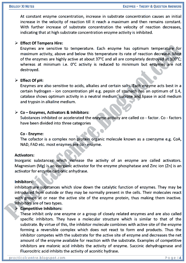 The Enzymes Theory And Questions Answers Biology XI Practical Centre