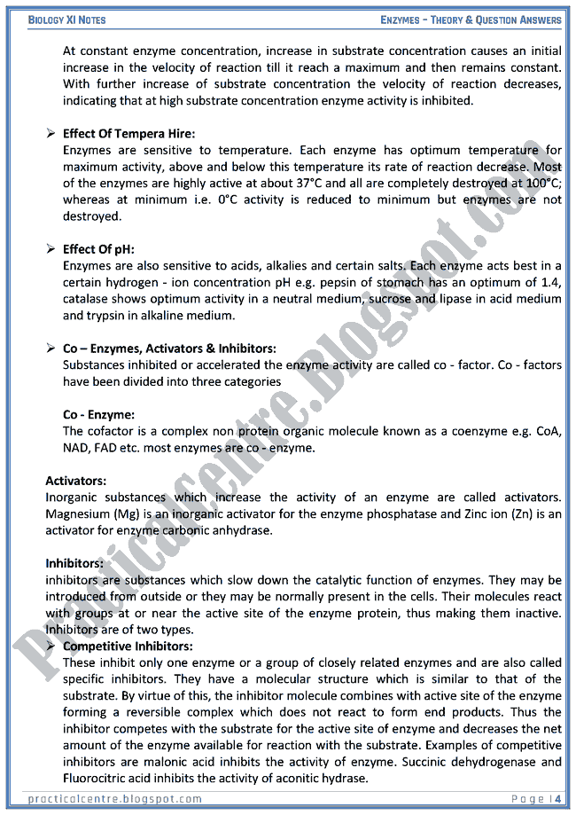 The Enzymes - Theory And Questions Answers - Biology XI