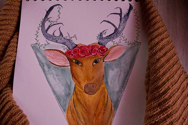 draw on monday 20, draw, dom, dessin, art, forêt, forest, deer, floral crown, aquarelle, watercolor, enjoyk, 