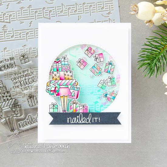 Nailed It! Shaker card by Tatiana Trafimovich | Christmas Haul Stamp Set and Music Stencil by Newton's Nook Designs #newtonsnook #handmade