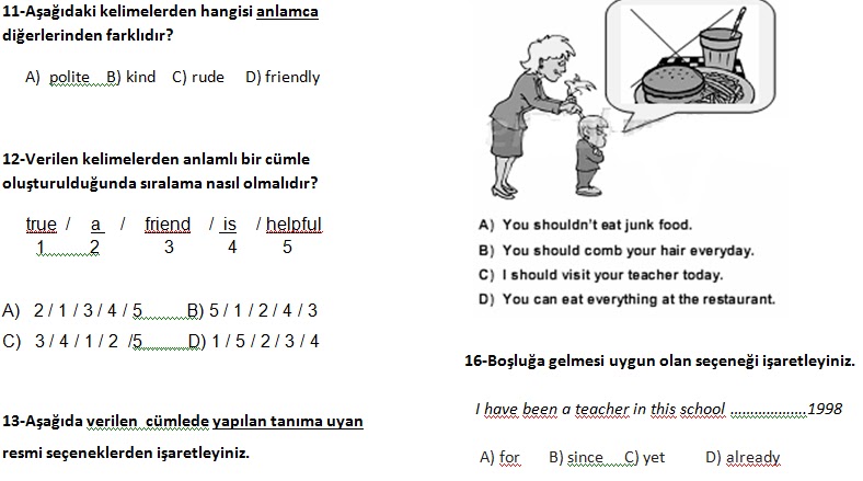 8. Sinif İngilizce 1. Dönem 3. Yazılı Soruları 2012-2013 - Ders ve