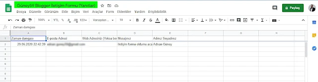 7. Tarayıcı yeni sekmede bir Exel sayfasının açıldığını göreceksiniz.